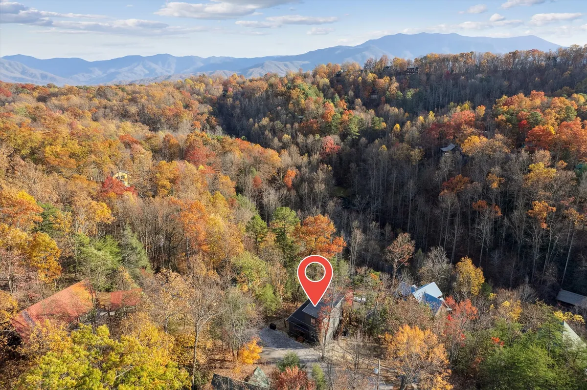 A breathtaking view featuring colorful autumn foliage enveloping the cabin with a dramatic mountain backdrop. The scene evokes tranquility and the promise of outdoor adventures like hiking and photography, while also highlighting the cabin’s setting as a scenic home base.